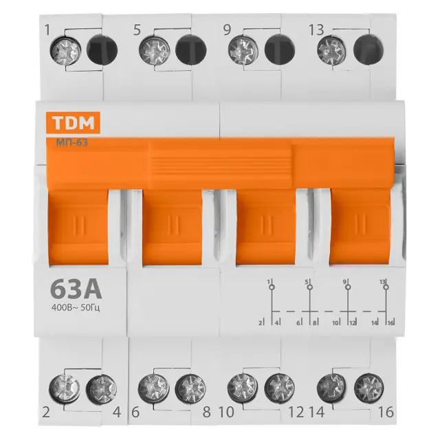 Модульный переключатель трехпозиционный TDM МП-63 4P 63А для трехфазной сети