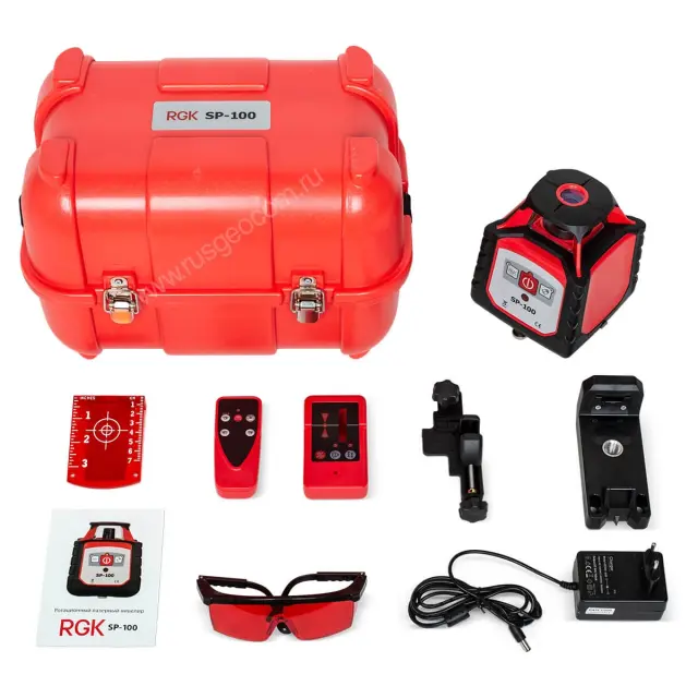 RGK SP-100 с калибровкой - ротац. нивелир (ротационный / красный луч / 200м с приемником / ±0,15 мм)