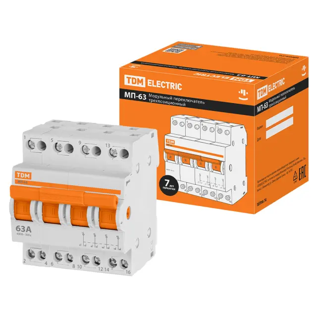 Модульный переключатель трехпозиционный TDM МП-63 4P 63А для трехфазной сети