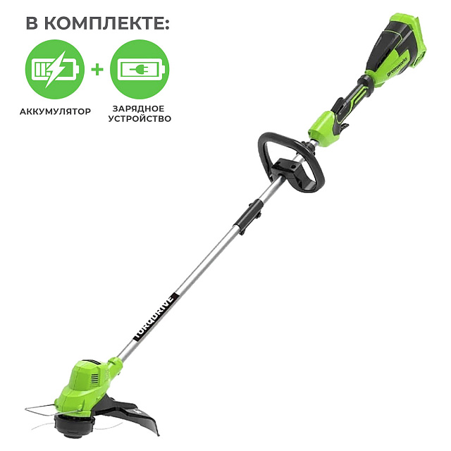 Greenworks GD40LT, 40V с АКБ 2 Ач + ЗУ 5А быстрое - аккумуляторный триммер